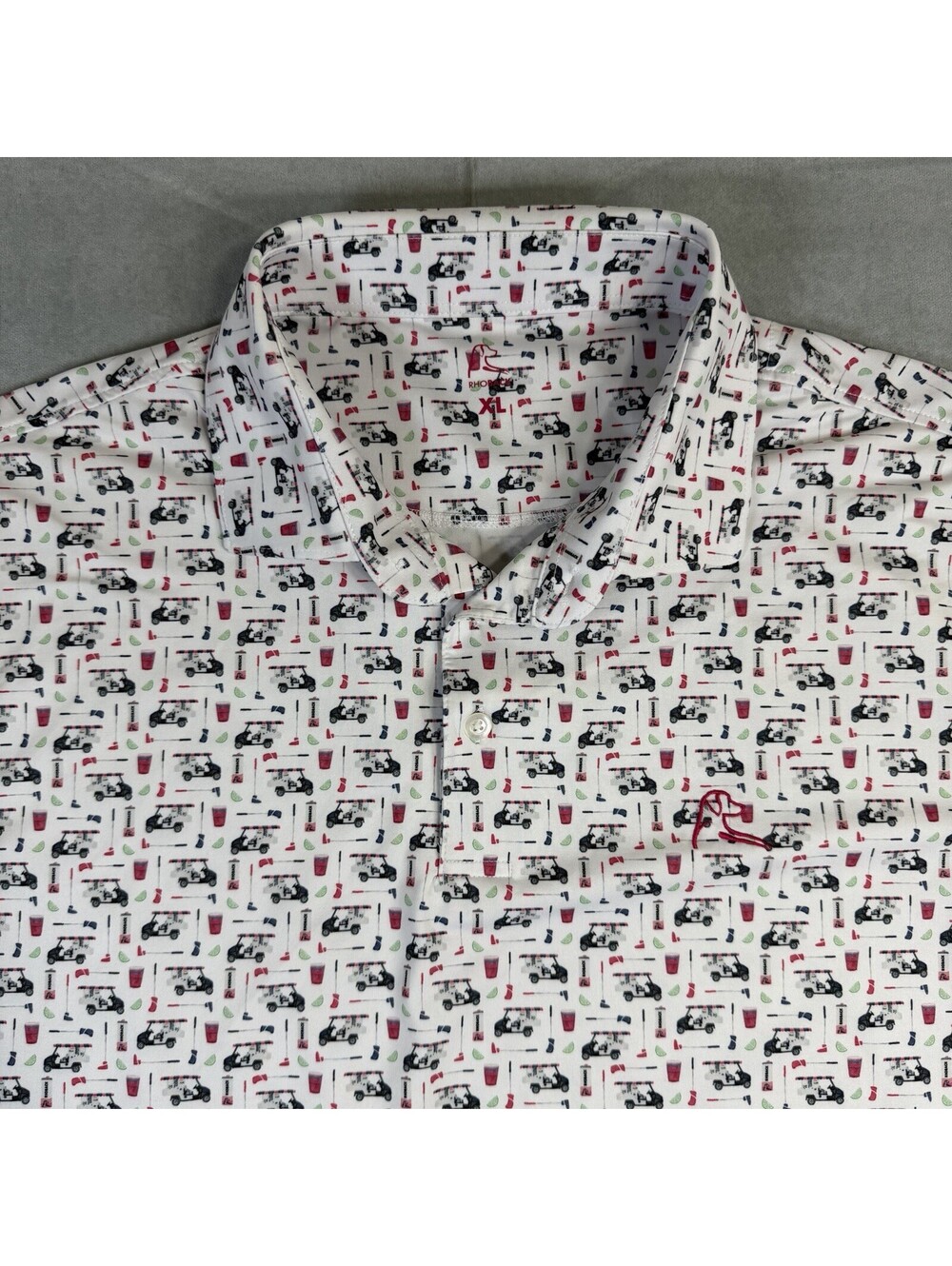 Rhoback Polo Shirt Mens XL White The Bev Cart Performance Golf All Over Print